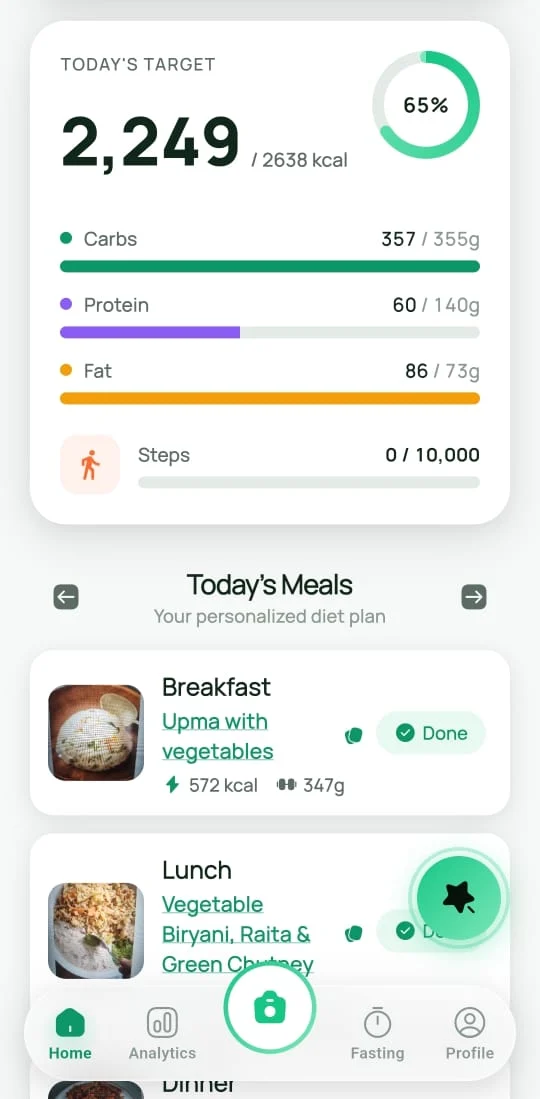 The Calo AI home screen, showing the day's calorie target, macro bars and logged meals.